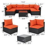 Black 7-Piece Wicker Outdoor Sectional Set Patio Sofa Set with Orange Cushions and Coffee Table