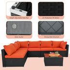 Black 7-Piece Wicker Outdoor Sectional Set Patio Sofa Set with Orange Cushions and Coffee Table