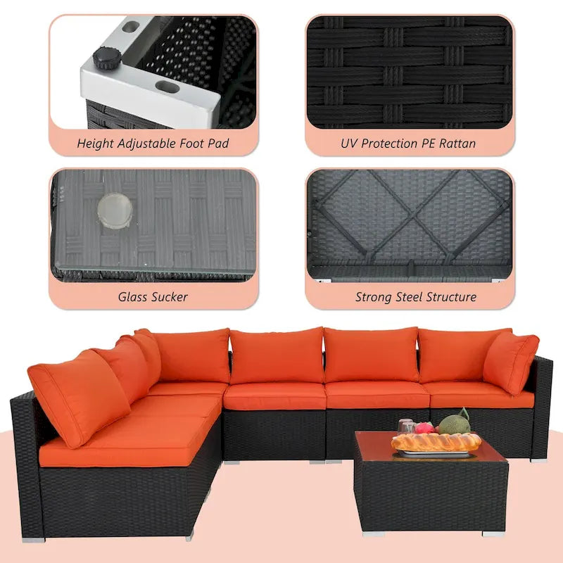 Black 7-Piece Wicker Outdoor Sectional Set Patio Sofa Set with Orange Cushions and Coffee Table