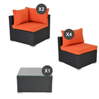 Black 7-Piece Wicker Outdoor Sectional Set Patio Sofa Set with Orange Cushions and Coffee Table