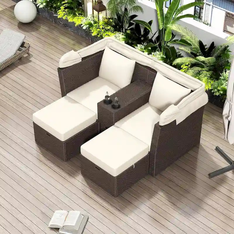 Outdoor Patio Loveseat Sofa Set with Foldable Awning