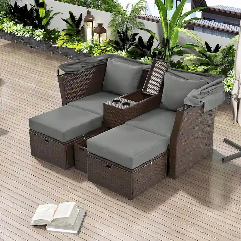 Outdoor Patio Loveseat Sofa Set with Foldable Awning