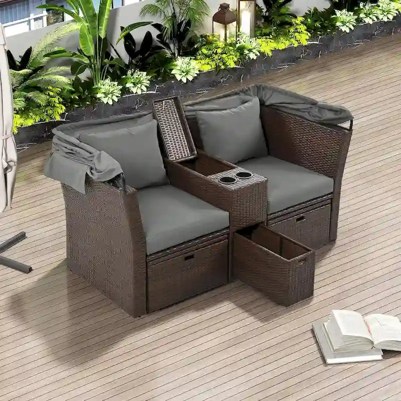 Outdoor Patio Loveseat Sofa Set with Foldable Awning