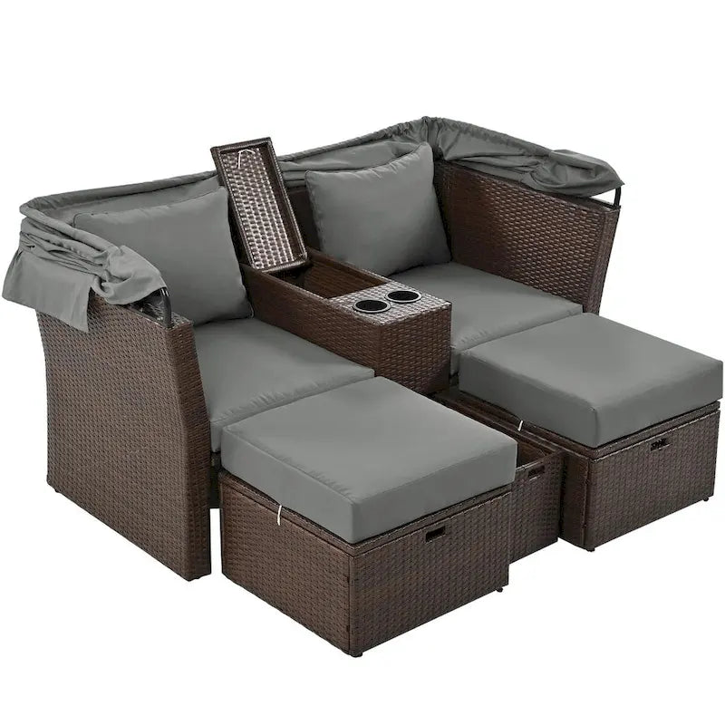 Outdoor Patio Loveseat Sofa Set with Foldable Awning