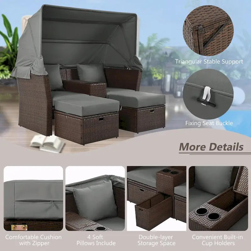 Outdoor Patio Loveseat Sofa Set with Foldable Awning