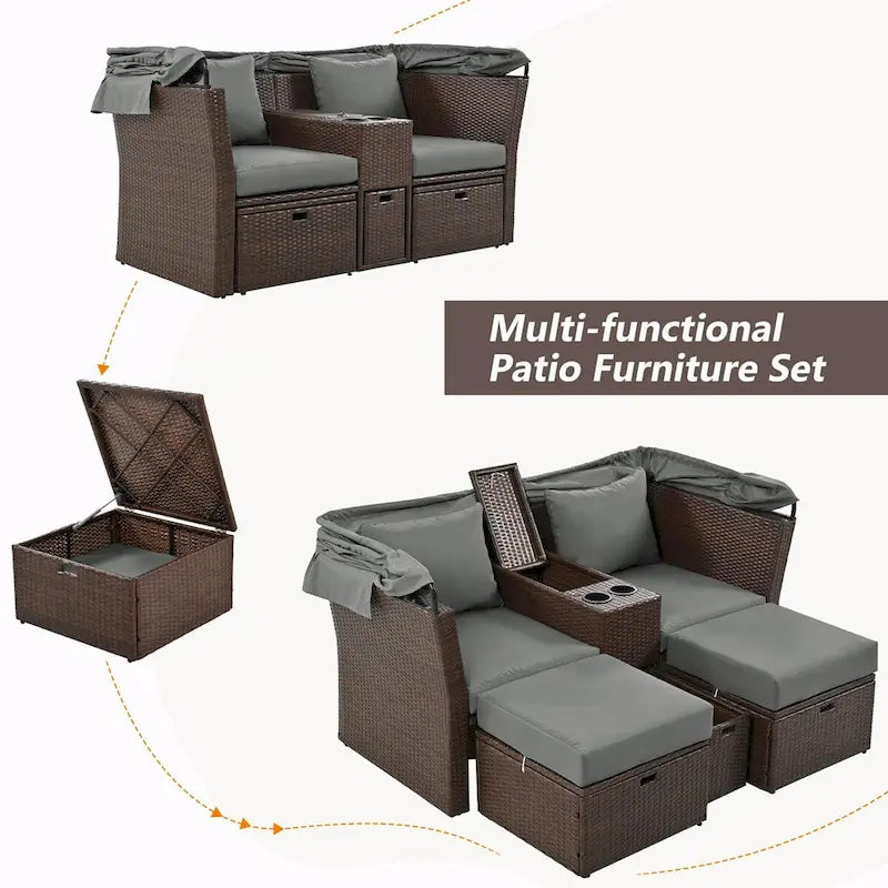 Outdoor Patio Loveseat Sofa Set with Foldable Awning