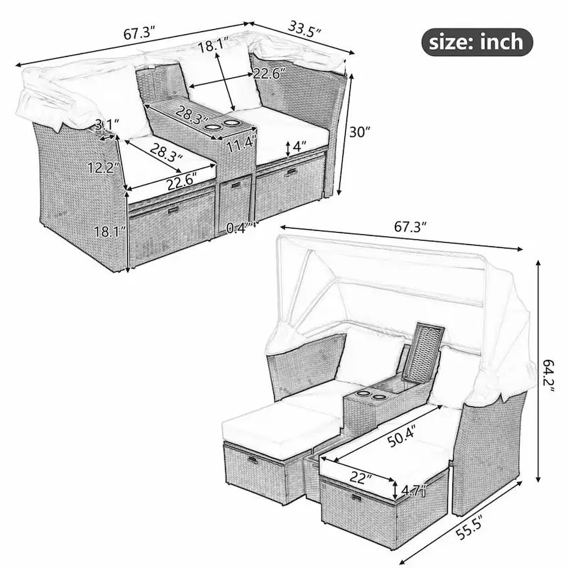 Outdoor Patio Loveseat Sofa Set with Foldable Awning