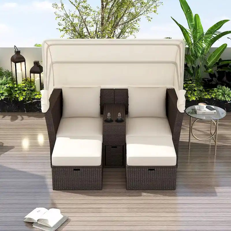 Outdoor Patio Loveseat Sofa Set with Foldable Awning
