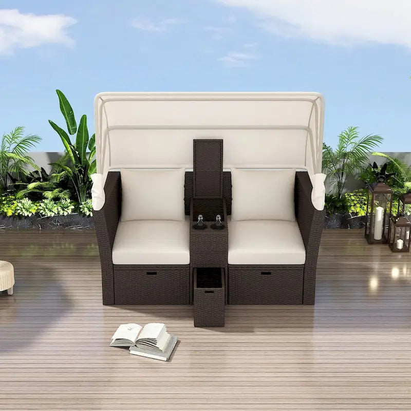 Outdoor Patio Loveseat Sofa Set with Foldable Awning