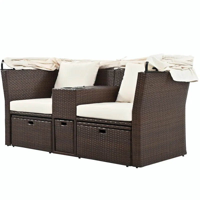 Outdoor Patio Loveseat Sofa Set with Foldable Awning