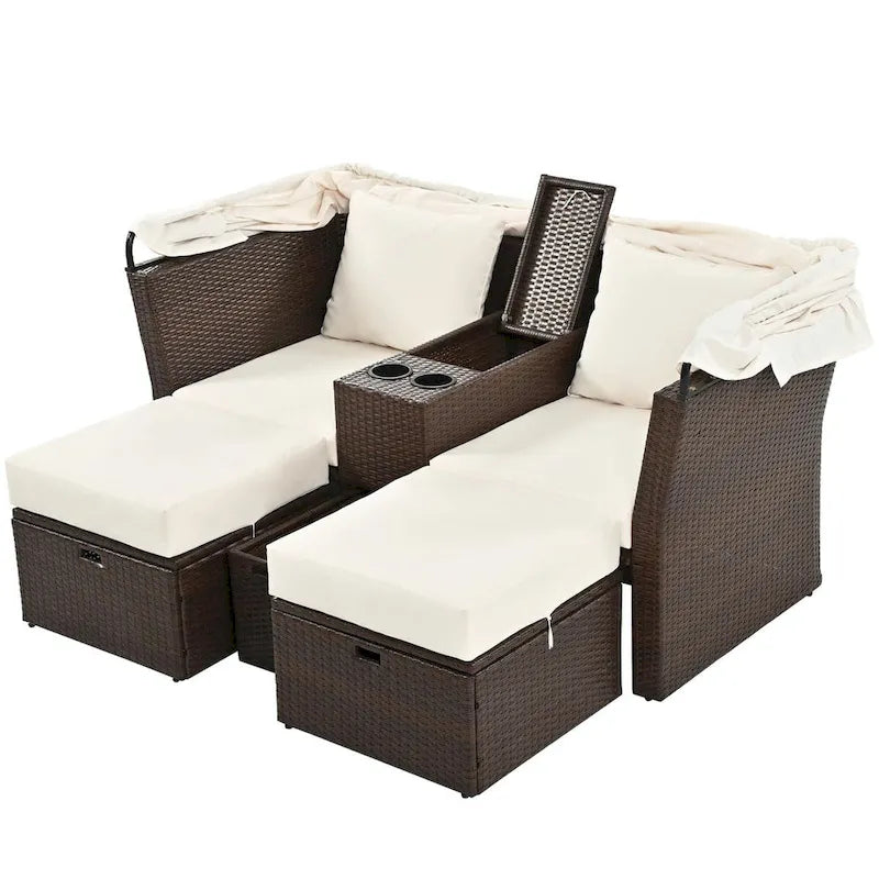 Outdoor Patio Loveseat Sofa Set with Foldable Awning