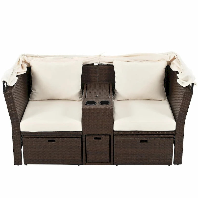Outdoor Patio Loveseat Sofa Set with Foldable Awning