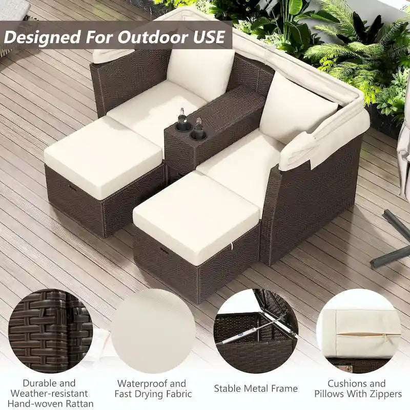 Outdoor Patio Loveseat Sofa Set with Foldable Awning