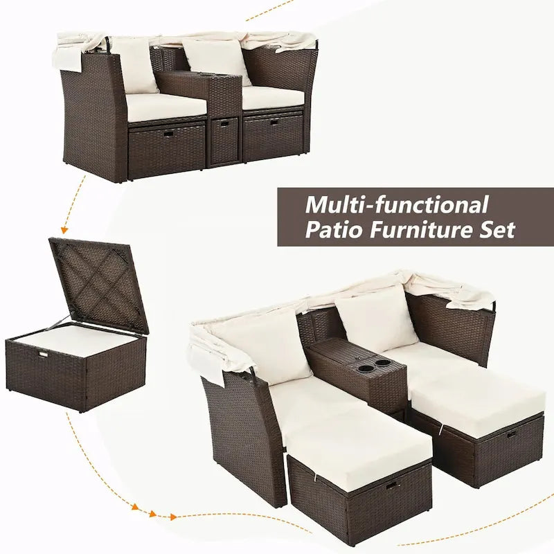 Outdoor Patio Loveseat Sofa Set with Foldable Awning