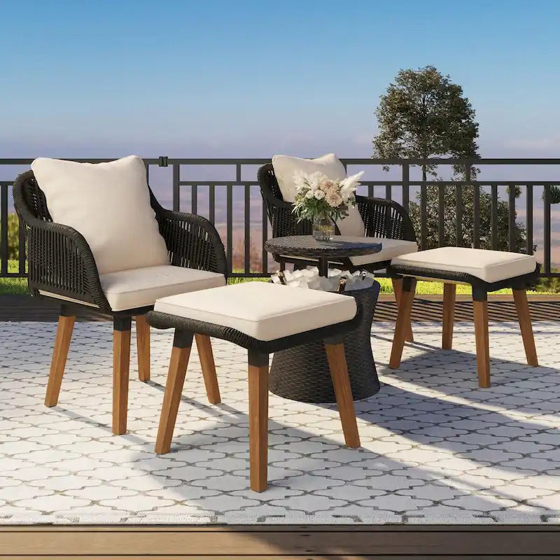 5-Piece Patio Furniture Conversation Set with Wicker Cool Bar Table and Ottomans