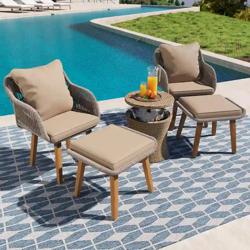 5-Piece Patio Furniture Conversation Set with Wicker Cool Bar Table and Ottomans