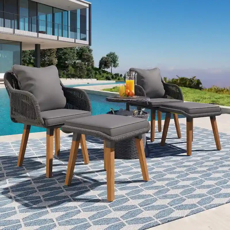 5-Piece Patio Furniture Conversation Set with Wicker Cool Bar Table and Ottomans