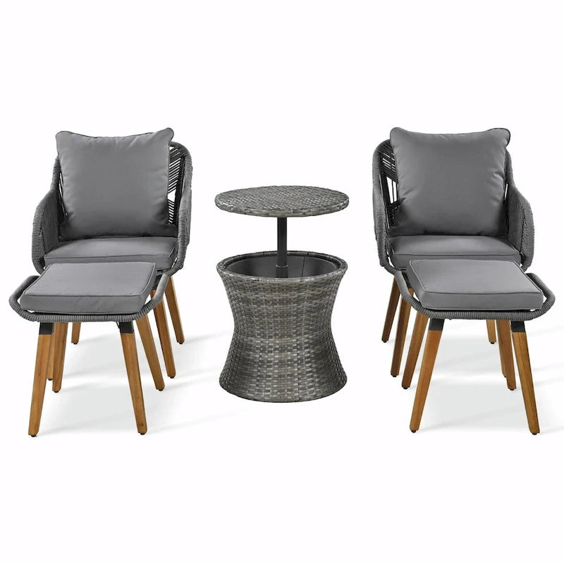 5-Piece Patio Furniture Conversation Set with Wicker Cool Bar Table and Ottomans