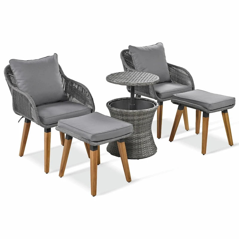 5-Piece Patio Furniture Conversation Set with Wicker Cool Bar Table and Ottomans