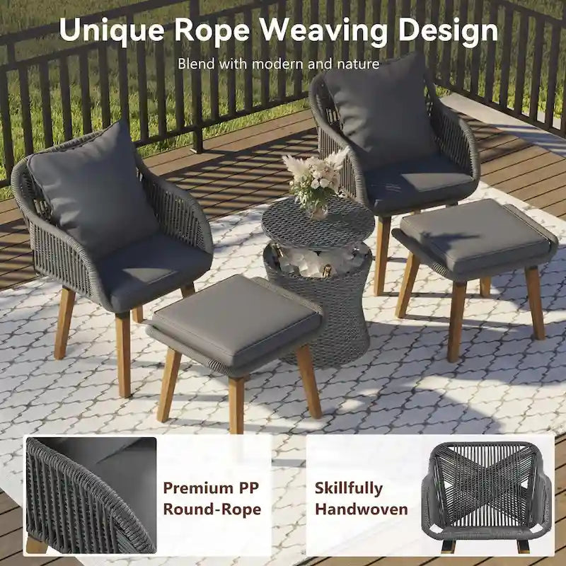 5-Piece Patio Furniture Conversation Set with Wicker Cool Bar Table and Ottomans