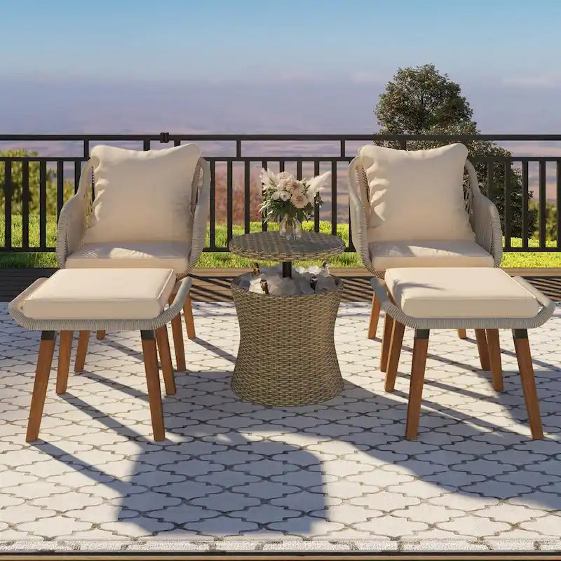 5-Piece Patio Furniture Conversation Set with Wicker Cool Bar Table and Ottomans