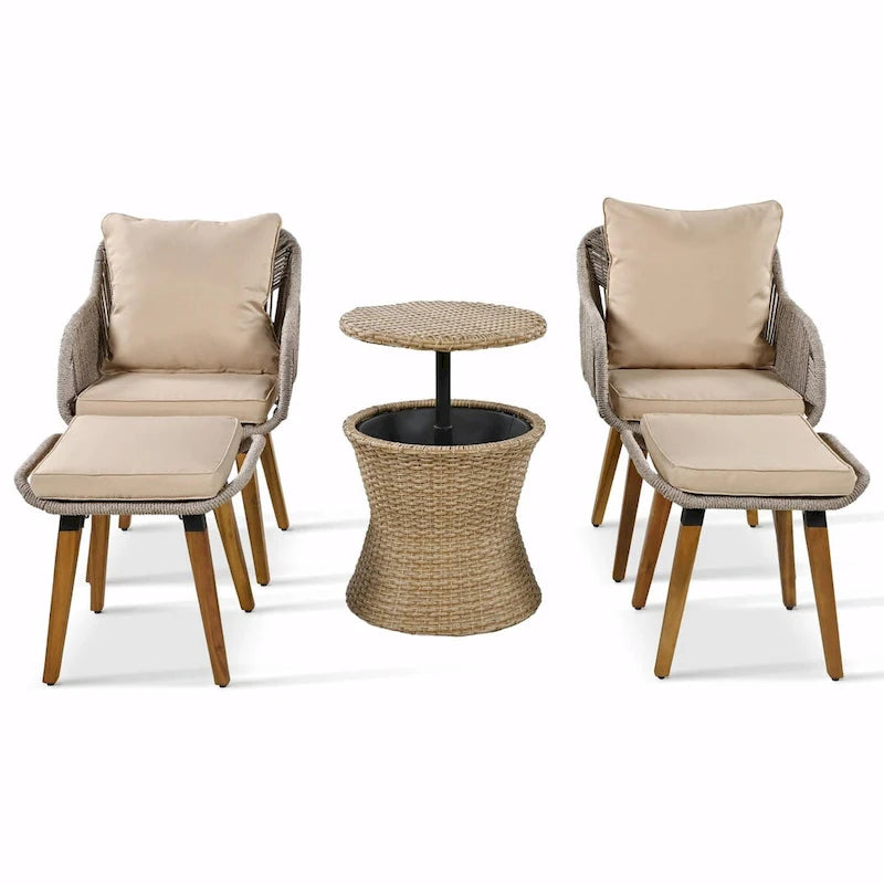 5-Piece Patio Furniture Conversation Set with Wicker Cool Bar Table and Ottomans
