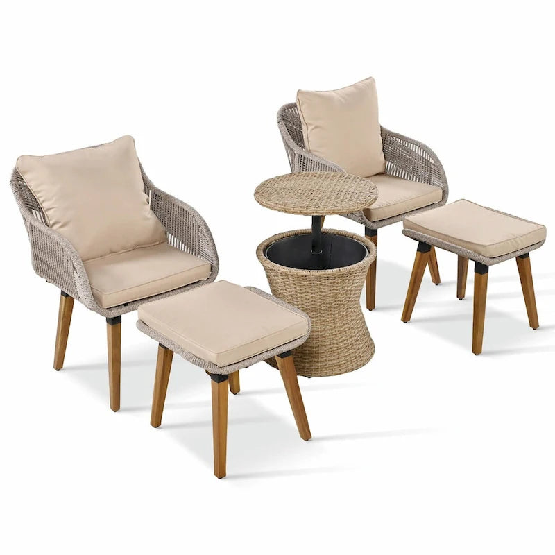 5-Piece Patio Furniture Conversation Set with Wicker Cool Bar Table and Ottomans