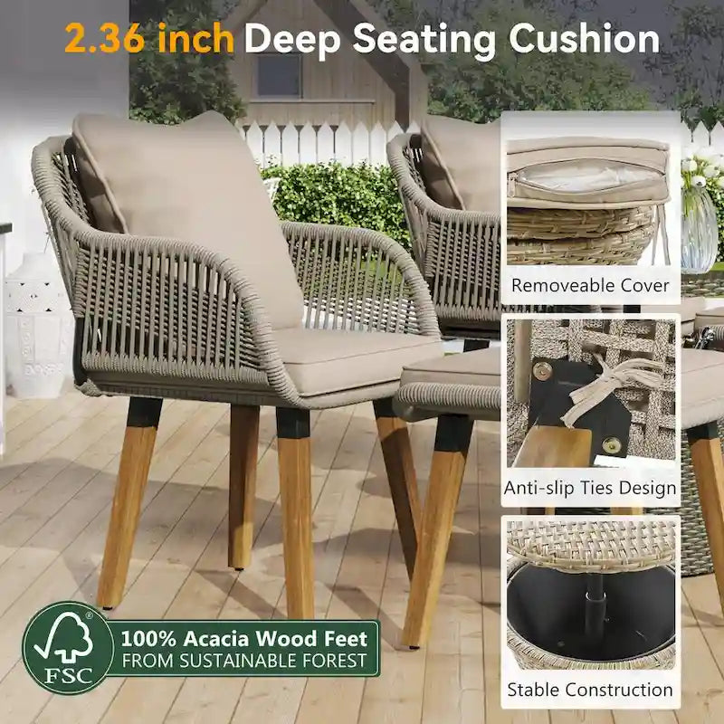 5-Piece Patio Furniture Conversation Set with Wicker Cool Bar Table and Ottomans
