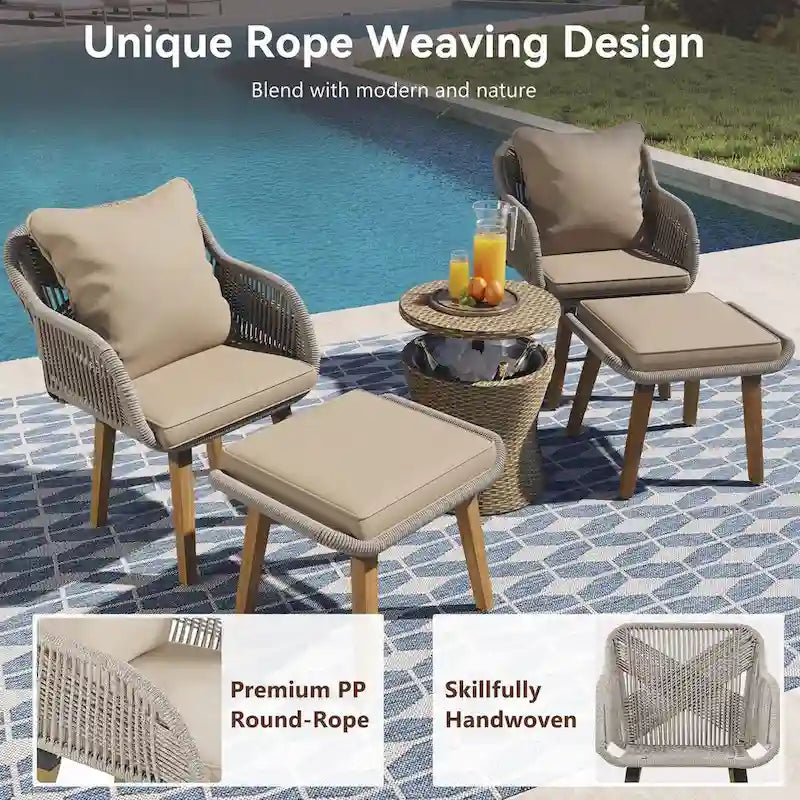 5-Piece Patio Furniture Conversation Set with Wicker Cool Bar Table and Ottomans
