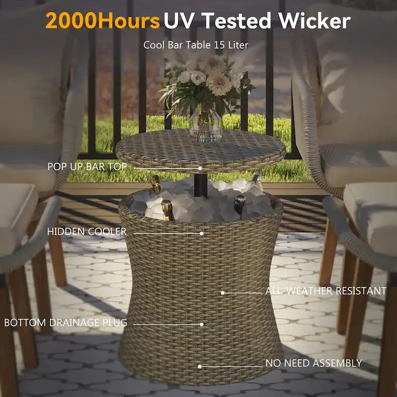 5-Piece Patio Furniture Conversation Set with Wicker Cool Bar Table and Ottomans