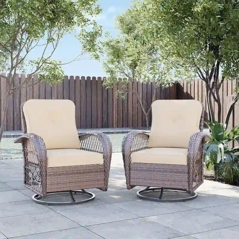 UPHA Brown Wicker Outdoor Rocking & Swivel Chair 2-Piece Set with Cushions