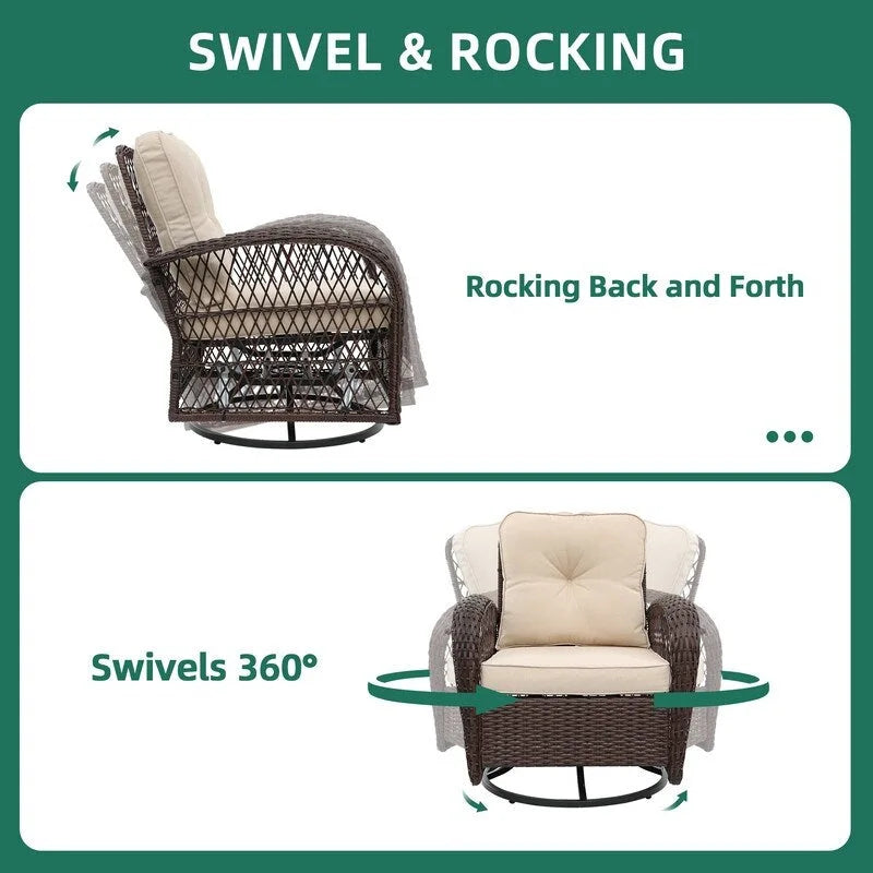 UPHA Brown Wicker Outdoor Rocking & Swivel Chair 2-Piece Set with Cushions