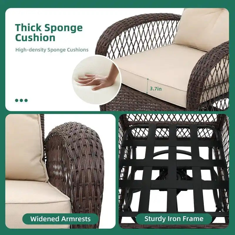 UPHA Brown Wicker Outdoor Rocking & Swivel Chair 2-Piece Set with Cushions