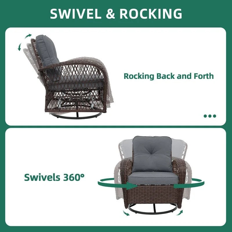 UPHA Brown Wicker Outdoor Rocking & Swivel Chair 2-Piece Set with Cushions