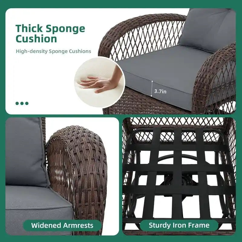 UPHA Brown Wicker Outdoor Rocking & Swivel Chair 2-Piece Set with Cushions