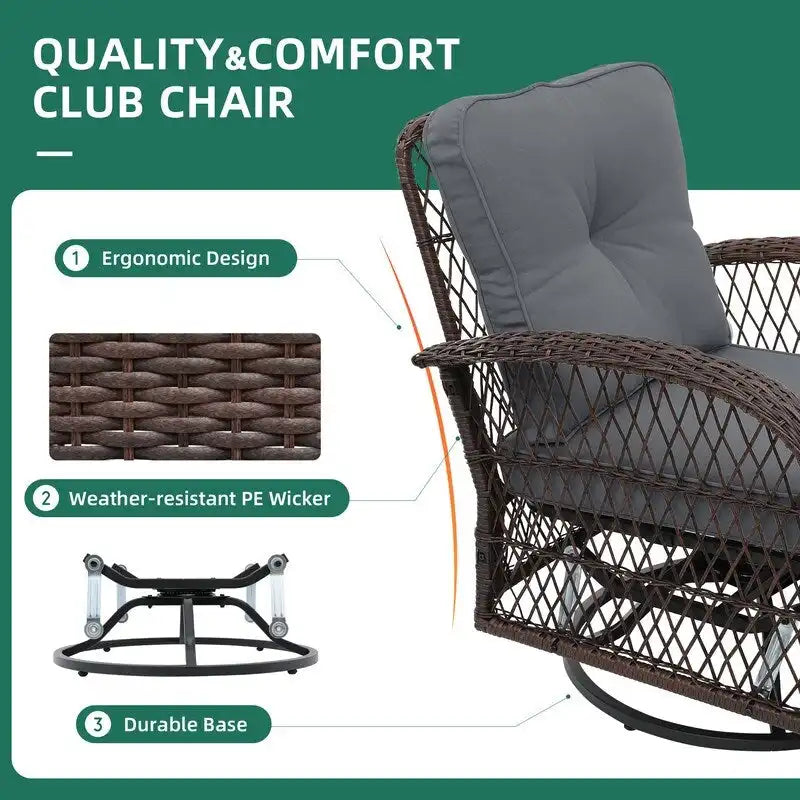 UPHA Brown Wicker Outdoor Rocking & Swivel Chair 2-Piece Set with Cushions