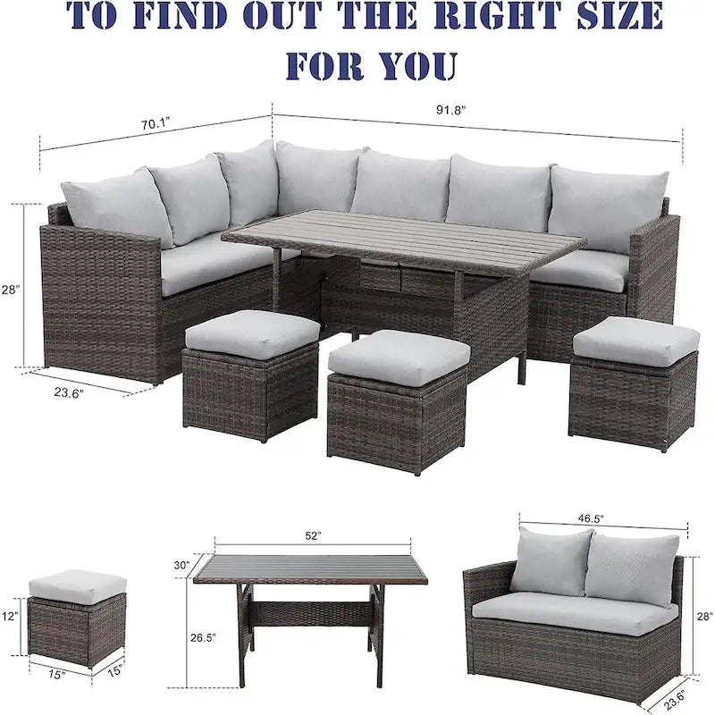 7-Pieces PE Rattan Wicker Patio Dining Sectional Cusions Sofa Set - 30