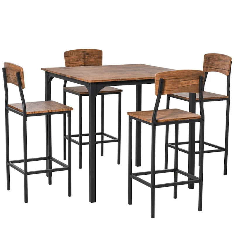 Counter Height Bar Table Set for 4 with Footrest, Metal Legs