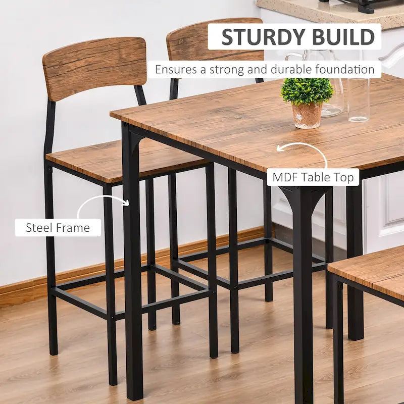 Counter Height Bar Table Set for 4 with Footrest, Metal Legs
