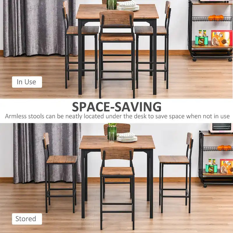 Counter Height Bar Table Set for 4 with Footrest, Metal Legs