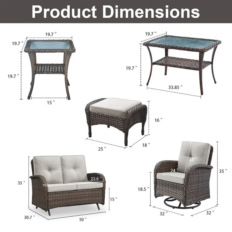 Outdoor Swivel Rocker Chairs with Glider Sofa - Brown