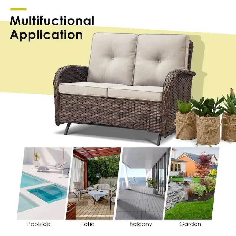 Outdoor Swivel Rocker Chairs with Glider Sofa - Brown