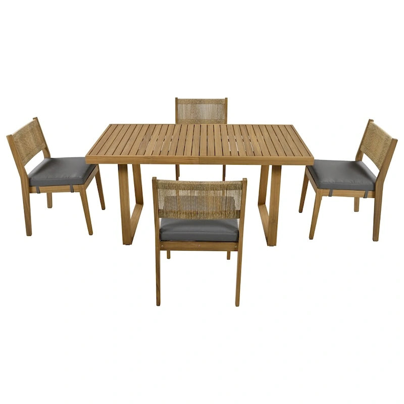 5 Pieces Outdoor Acacia Wood Table and Chair Set with Thick Cushions