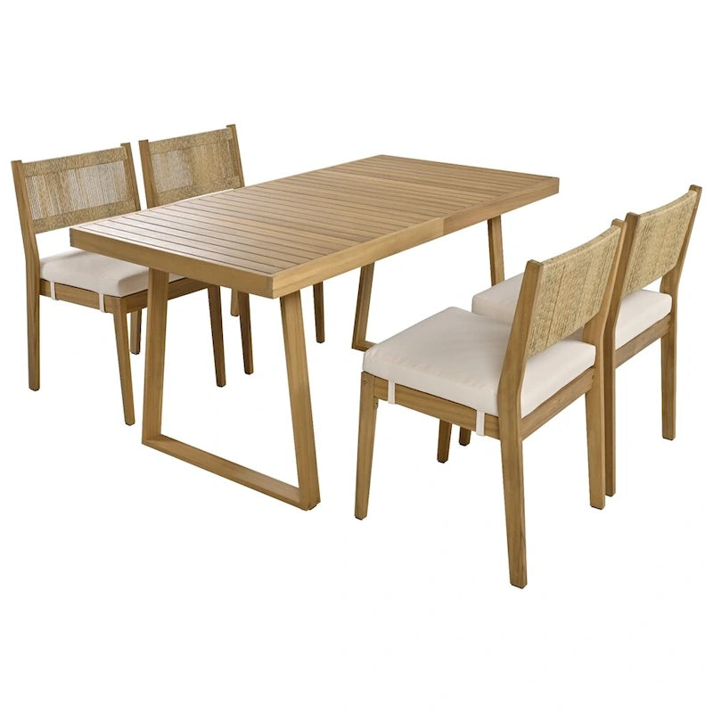 5 Pieces Outdoor Acacia Wood Table and Chair Set with Thick Cushions