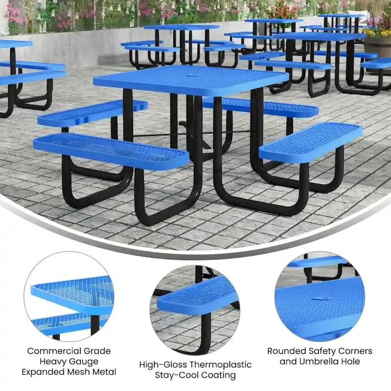Commercial Grade Expanded Mesh Metal Outdoor Picnic Table with Anchors - 79.75D x 79.75W x 28.75H
