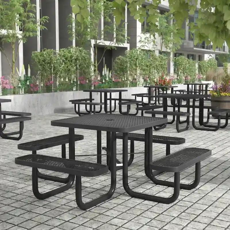 Commercial Grade Expanded Mesh Metal Outdoor Picnic Table with Anchors - 79.75D x 79.75W x 28.75H