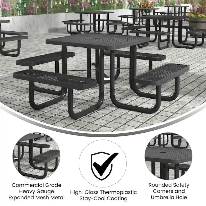 Commercial Grade Expanded Mesh Metal Outdoor Picnic Table with Anchors - 79.75D x 79.75W x 28.75H
