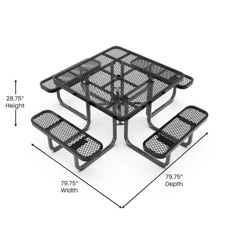 Commercial Grade Expanded Mesh Metal Outdoor Picnic Table with Anchors - 79.75D x 79.75W x 28.75H