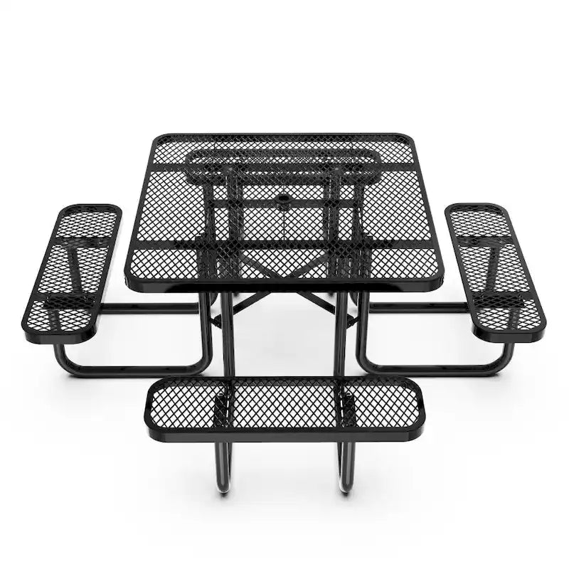 Commercial Grade Expanded Mesh Metal Outdoor Picnic Table with Anchors - 79.75D x 79.75W x 28.75H