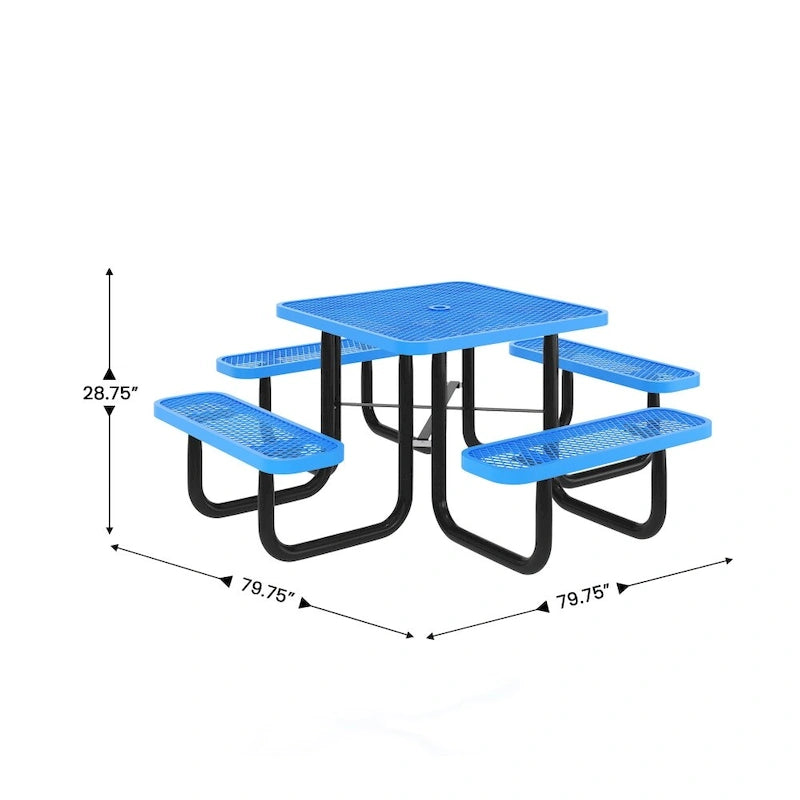 Commercial Grade Expanded Mesh Metal Outdoor Picnic Table with Anchors - 79.75D x 79.75W x 28.75H